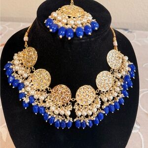 Elegant Gold and Blue Necklace Set With Earrings and Maang Tika